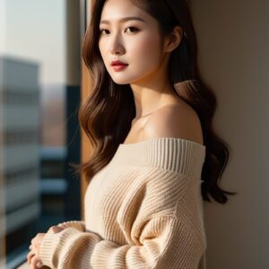 リアル系日本人女性×冬ニットを再現｜Stable Diffusion用ベースプロンプト（Off-shoulder Knit）